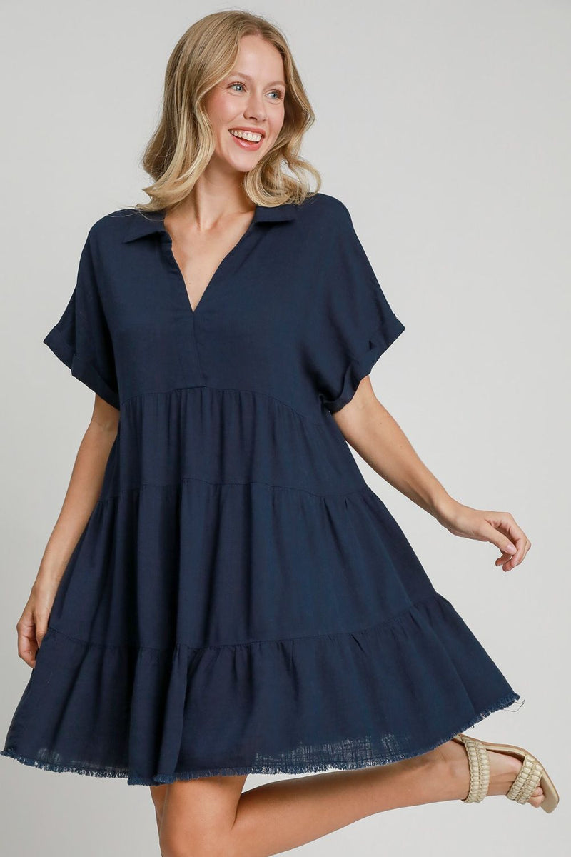 Umgee Full Size Raw Hem Folded Sleeve Tiered Dress Plus Size